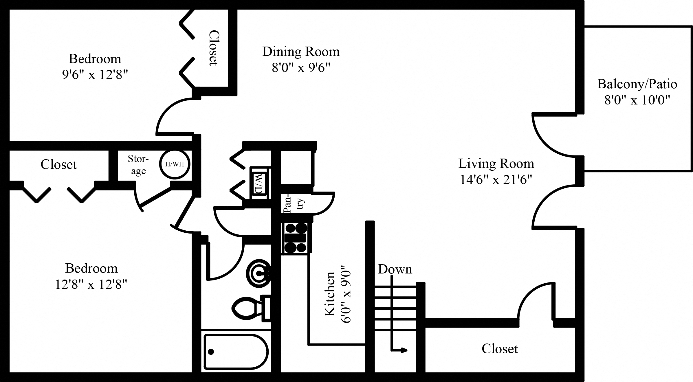 Floor plan for 2 beds, 1 bath, 924 sqft